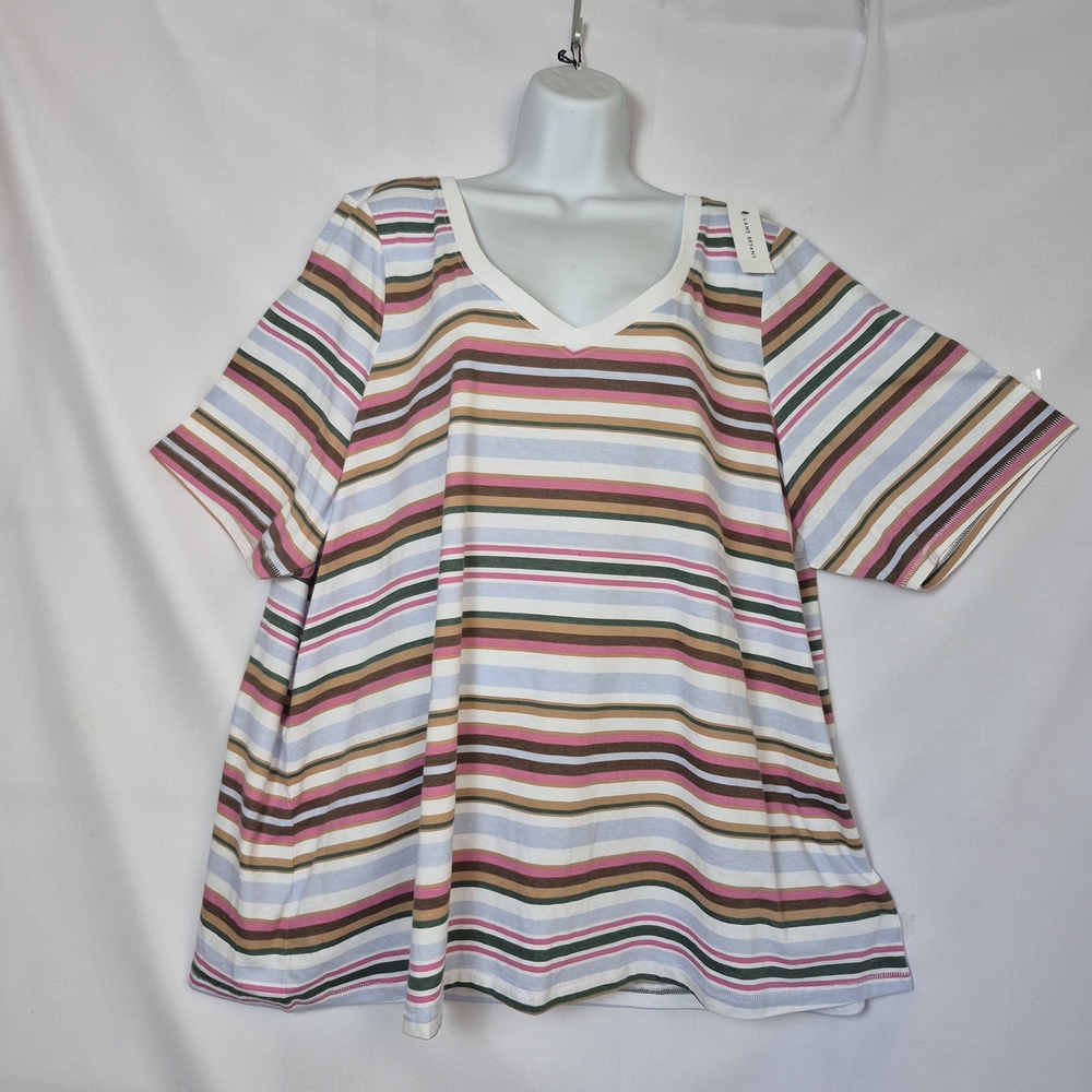 Lane Bryant V-Neck Short Sleeve Top in White, Pink, Brown & Green Stripes